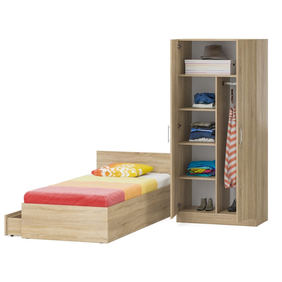 Кровать с ящиками 0900 + Шкаф 2-х створчатый Стандарт, цвет дуб сонома, ШхГхВ 93,5х203,5х70 + 90х52х200 см., сп.м. 900х2000 мм., б/м, основание есть