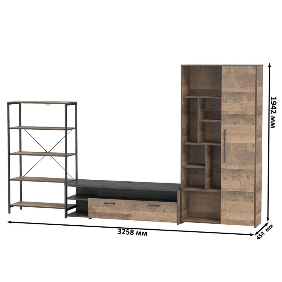 Трувор Гостиная 070, цвет дуб гранж песочный/интра, ШхГхВ 325,6х45,4х194,2 см., универсальная сборка