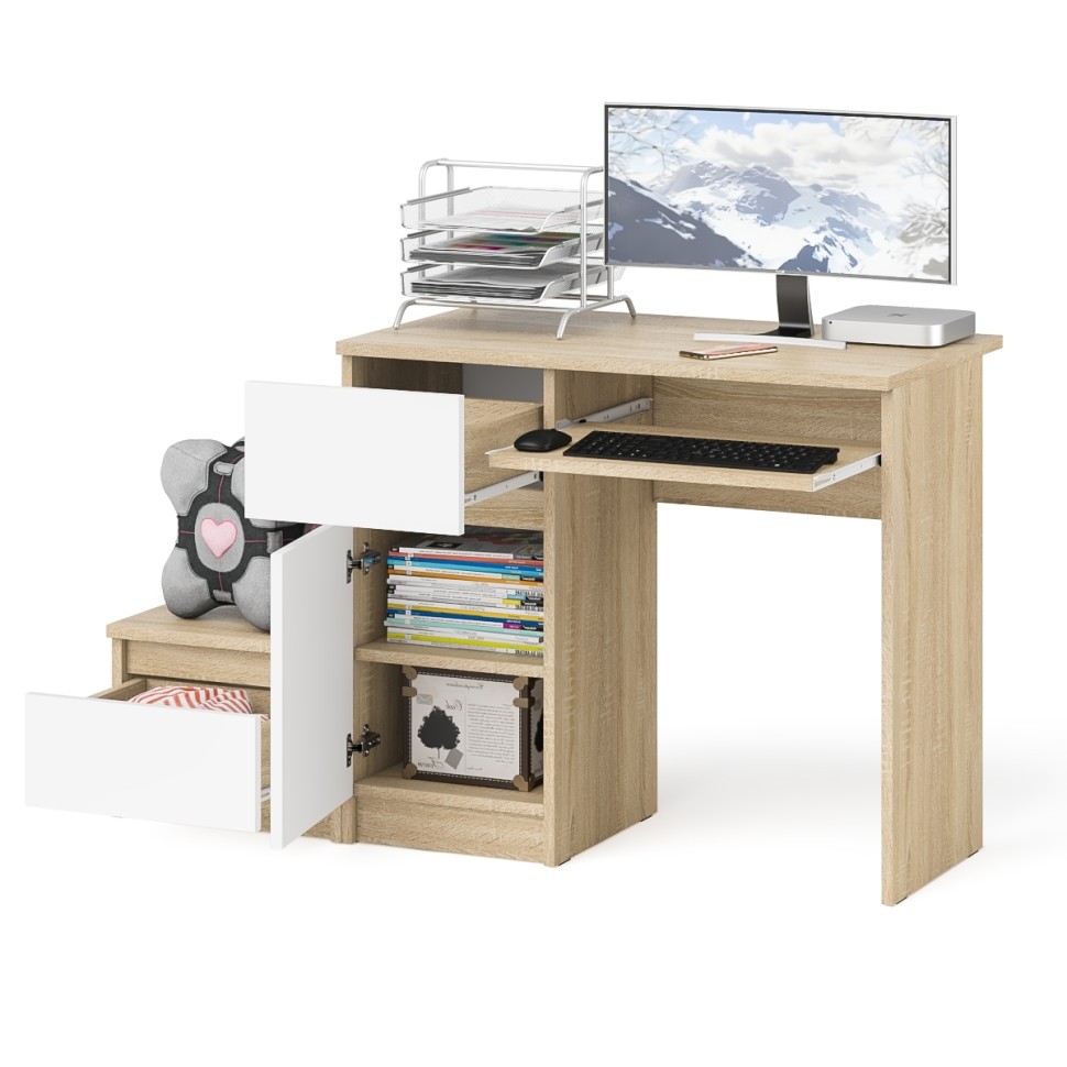 Мори Стол компьютерный МС-1 левый + Тумба ТМП400.1, цвет дуб сонома/белый, ШхГхВ 130,4х50х76,6 см., выдвижной ящик слева, НЕ универсальная сборка
