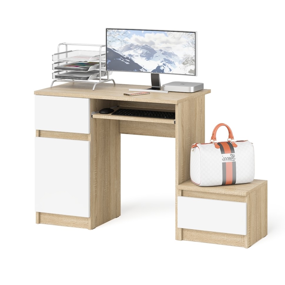 Мори Стол компьютерный МС-1 левый + Тумба ТМП400.1, цвет дуб сонома/белый, ШхГхВ 130,4х50х76,6 см., выдвижной ящик слева, НЕ универсальная сборка