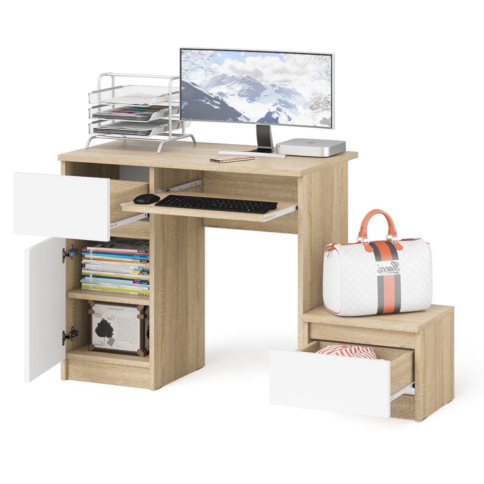 Мори Стол компьютерный МС-1 левый + Тумба ТМП400.1, цвет дуб сонома/белый, ШхГхВ 130,4х50х76,6 см., выдвижной ящик слева, НЕ универсальная сборка