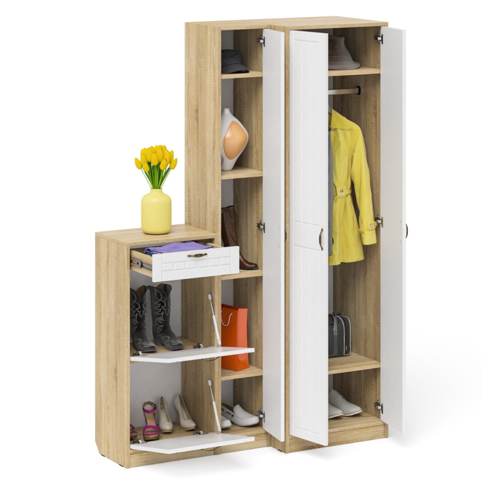 Прихожая П-6 Компоновка № 28, цвет дуб сонома/фасады МДФ белое дерево фрезеровка прованс, ШхГхВ 140х50х210 см., универсальная сборка