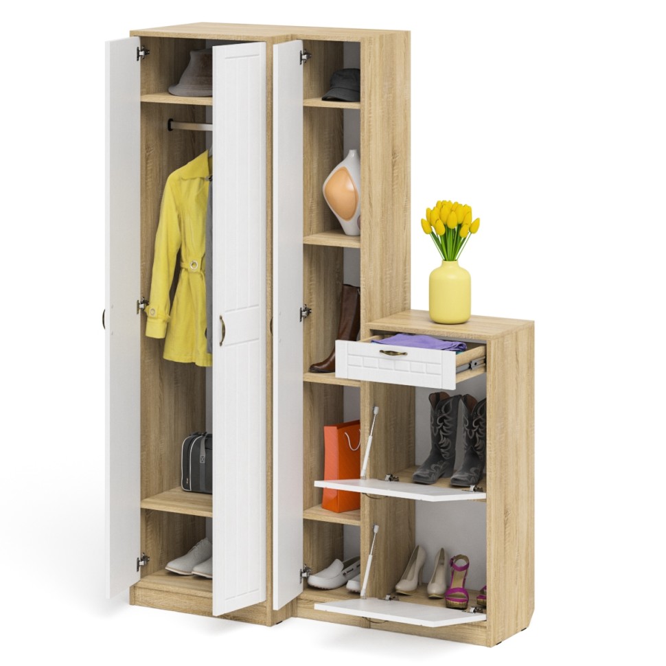 Прихожая П-6 Компоновка № 28, цвет дуб сонома/фасады МДФ белое дерево фрезеровка прованс, ШхГхВ 140х50х210 см., универсальная сборка