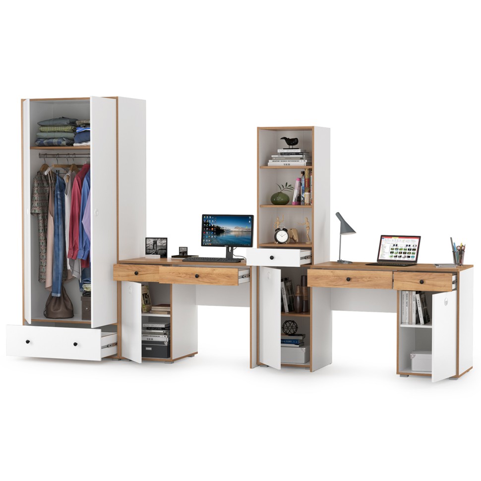 Вуди Компоновка № 29, цвет белый премиум/дуб крафт золотой, ШхГхВ 351х52,7х205 см., универсальная сборка