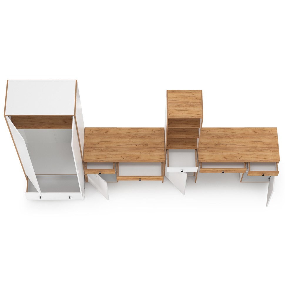 Вуди Компоновка № 29, цвет белый премиум/дуб крафт золотой, ШхГхВ 351х52,7х205 см., универсальная сборка