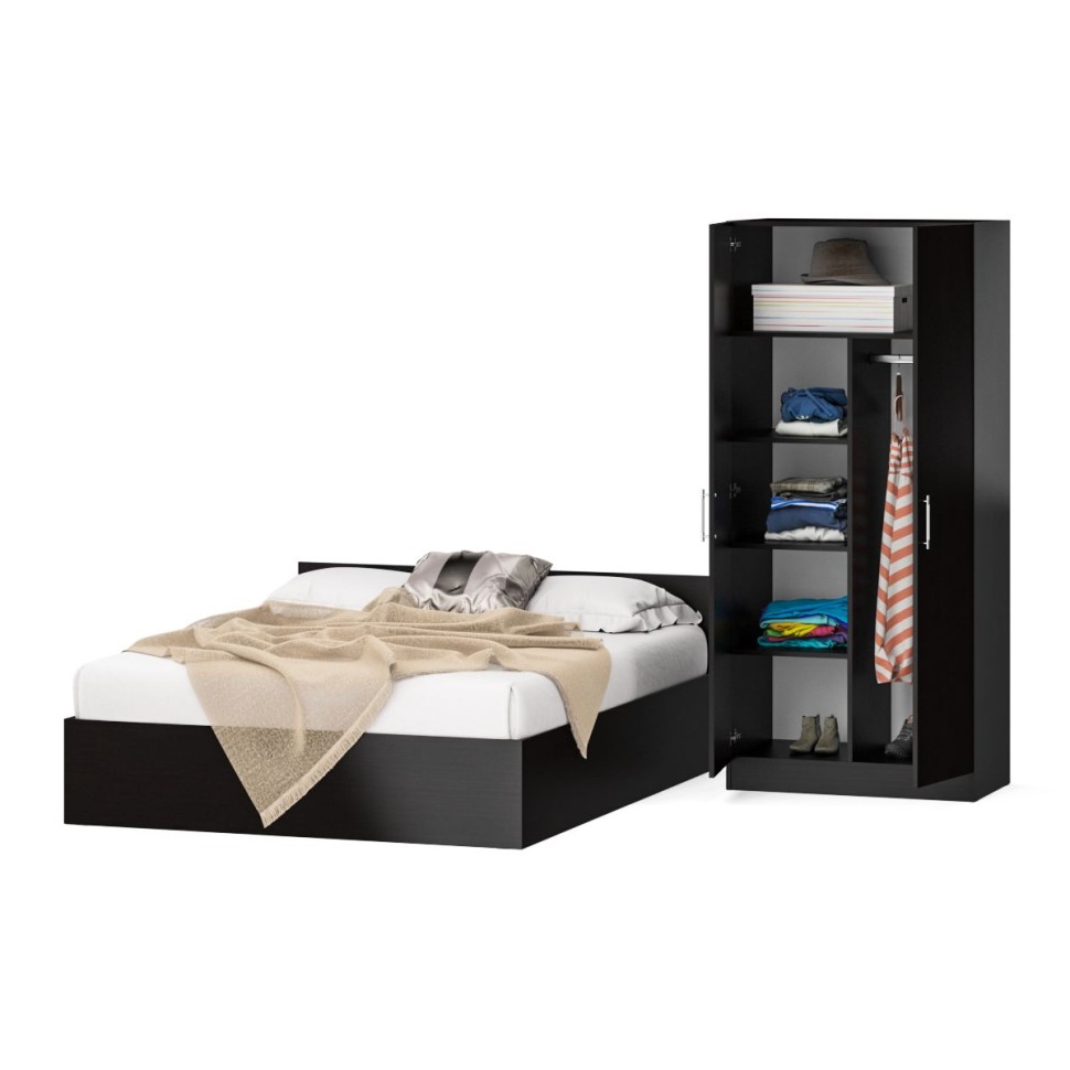 Кровать 1600 + Шкаф 2-х створчатый Стандарт, цвет венге, ШхГхВ 163,5х203,5х70 + 90х52х200 см., сп.м. 1600х2000 мм., без матраса, основание есть