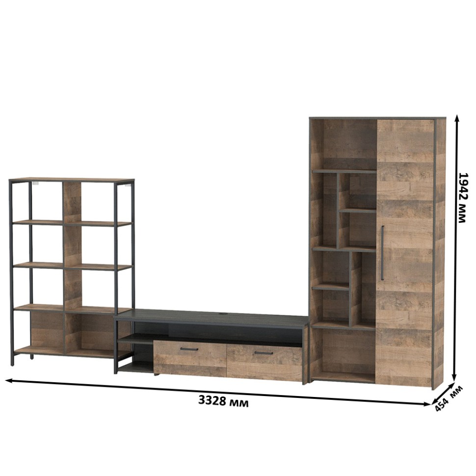 Трувор Гостиная 072, цвет дуб гранж песочный/интра, ШхГхВ 332,8х45,4х194,2 см., универсальная сборка