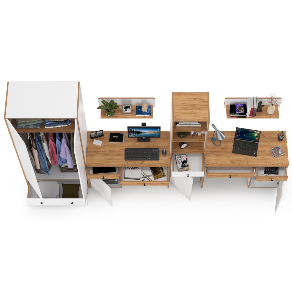 Вуди Компоновка № 30, цвет белый премиум/дуб крафт золотой, ШхГхВ 351х52,7х205 см., универсальная сборка