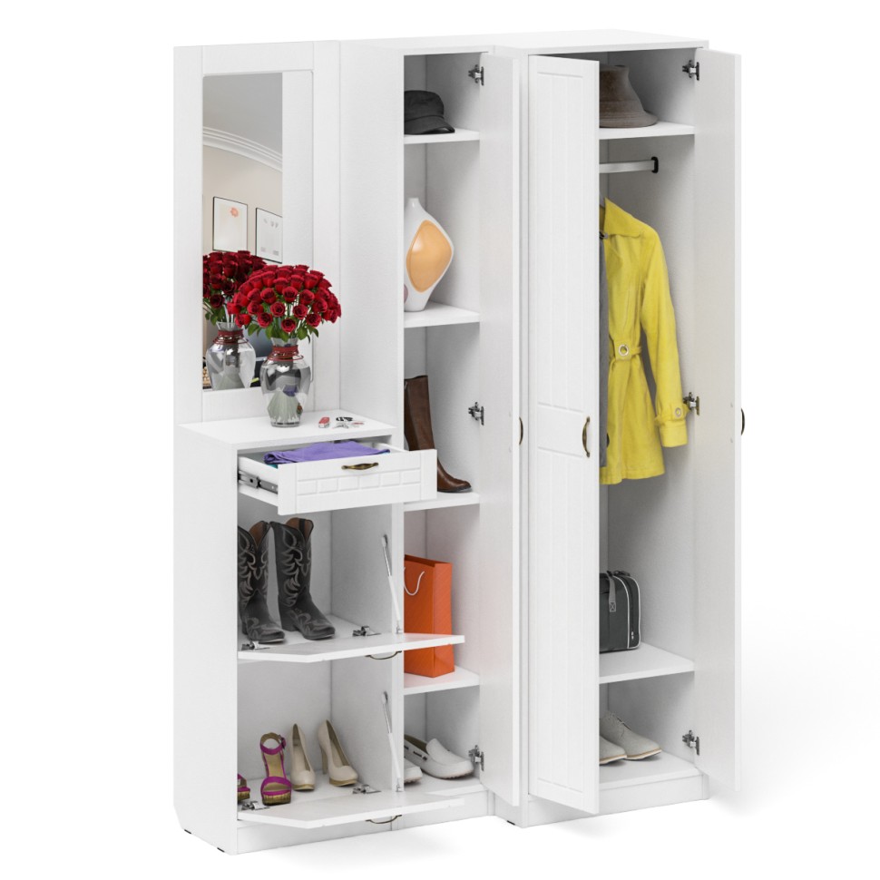 Прихожая П-6 Компоновка № 29, цвет белая шагрень/фасады МДФ белое дерево фрезеровка прованс, ШхГхВ 140х50х210 см., универсальная сборка