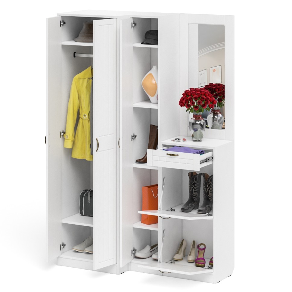 Прихожая П-6 Компоновка № 29, цвет белая шагрень/фасады МДФ белое дерево фрезеровка прованс, ШхГхВ 140х50х210 см., универсальная сборка