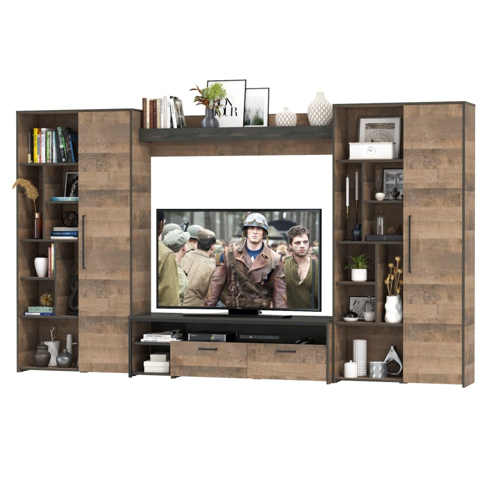 Трувор Гостиная 075, цвет дуб гранж песочный/интра, ШхГхВ 335,8х45,4х194,2 см., универсальная сборка