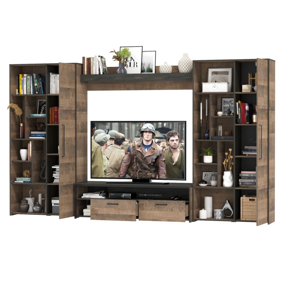 Трувор Гостиная 075, цвет дуб гранж песочный/интра, ШхГхВ 335,8х45,4х194,2 см., универсальная сборка