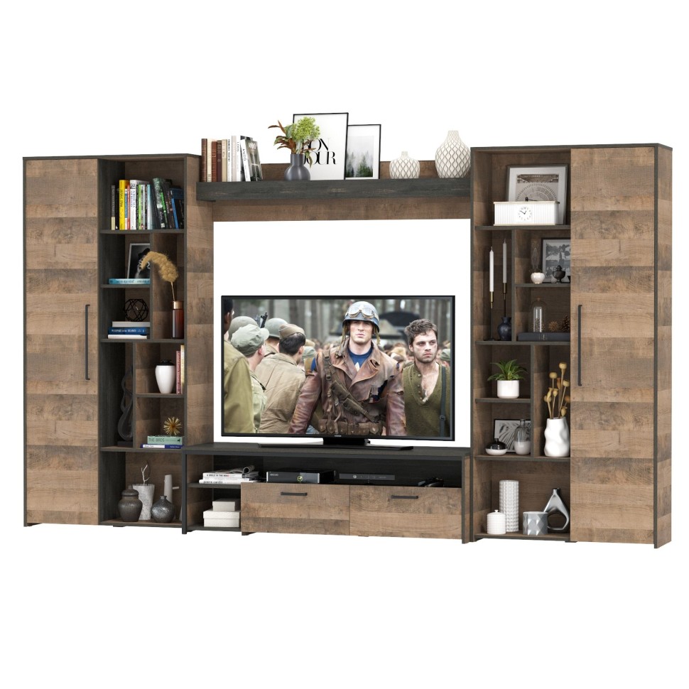 Трувор Гостиная 075, цвет дуб гранж песочный/интра, ШхГхВ 335,8х45,4х194,2 см., универсальная сборка