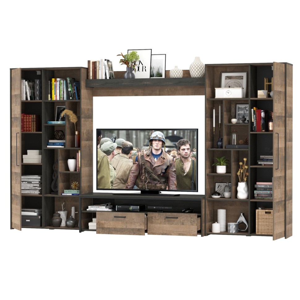 Трувор Гостиная 075, цвет дуб гранж песочный/интра, ШхГхВ 335,8х45,4х194,2 см., универсальная сборка