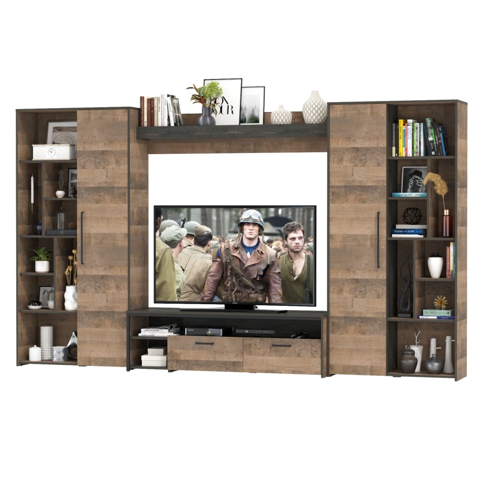 Трувор Гостиная 075, цвет дуб гранж песочный/интра, ШхГхВ 335,8х45,4х194,2 см., универсальная сборка