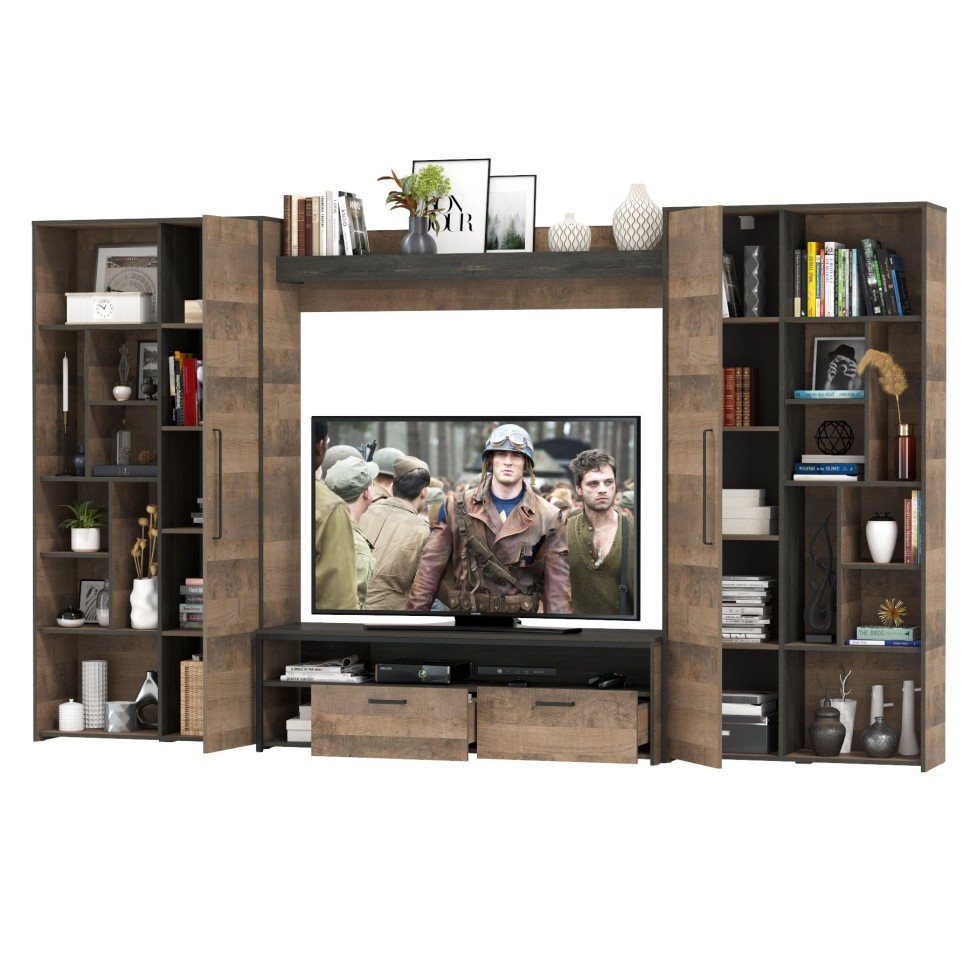 Трувор Гостиная 075, цвет дуб гранж песочный/интра, ШхГхВ 335,8х45,4х194,2 см., универсальная сборка