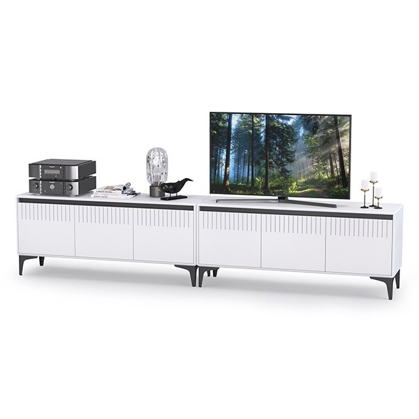 КР100 Тумба под ТВ Муар 13.261.01 + 13.261.01, цвет ЛДСП белый шагрень/МДФ белый глянец, ШхГхВ 273,6х40х59 см., универсальная сборка