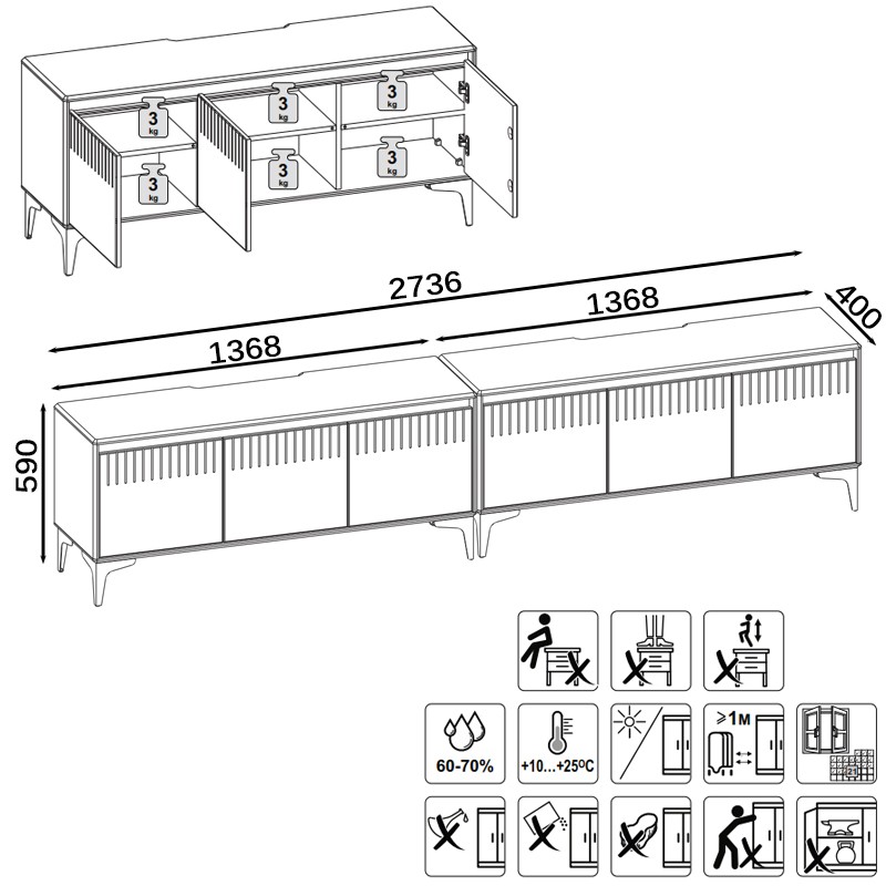 КР100 Тумба под ТВ Муар 13.261.01 + 13.261.01, цвет ЛДСП белый шагрень/МДФ белый глянец, ШхГхВ 273,6х40х59 см., универсальная сборка