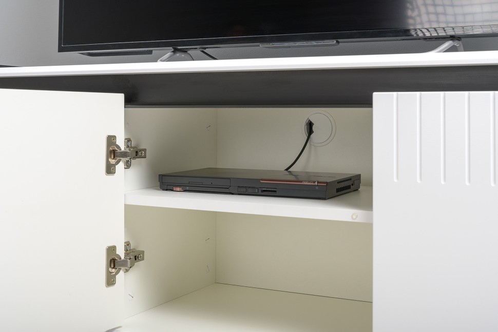 КР100 Тумба под ТВ Муар 13.261.01 + 13.261.01, цвет ЛДСП белый шагрень/МДФ белый глянец, ШхГхВ 273,6х40х59 см., универсальная сборка