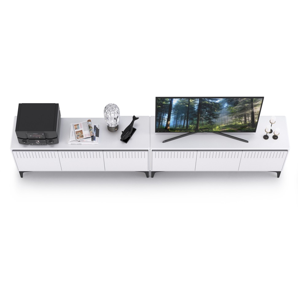 КР100 Тумба под ТВ Муар 13.261.01 + 13.261.01, цвет ЛДСП белый шагрень/МДФ белый глянец, ШхГхВ 273,6х40х59 см., универсальная сборка