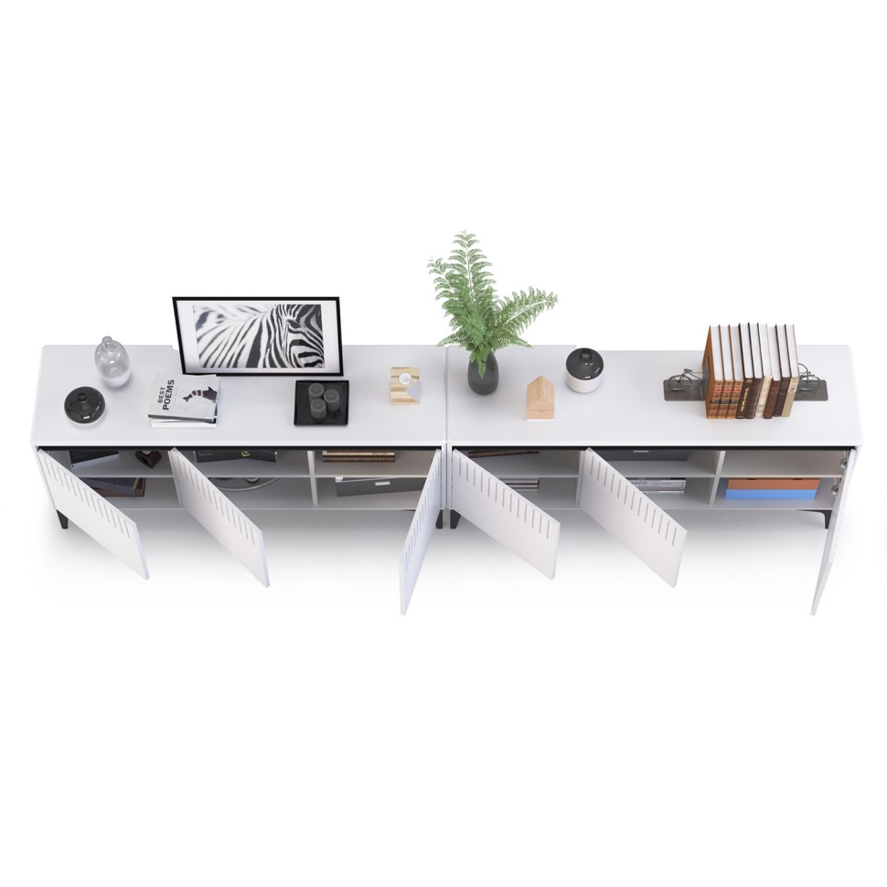 КР100 Тумба под ТВ Муар 13.261.01 + 13.261.01, цвет ЛДСП белый шагрень/МДФ белый глянец, ШхГхВ 273,6х40х59 см., универсальная сборка