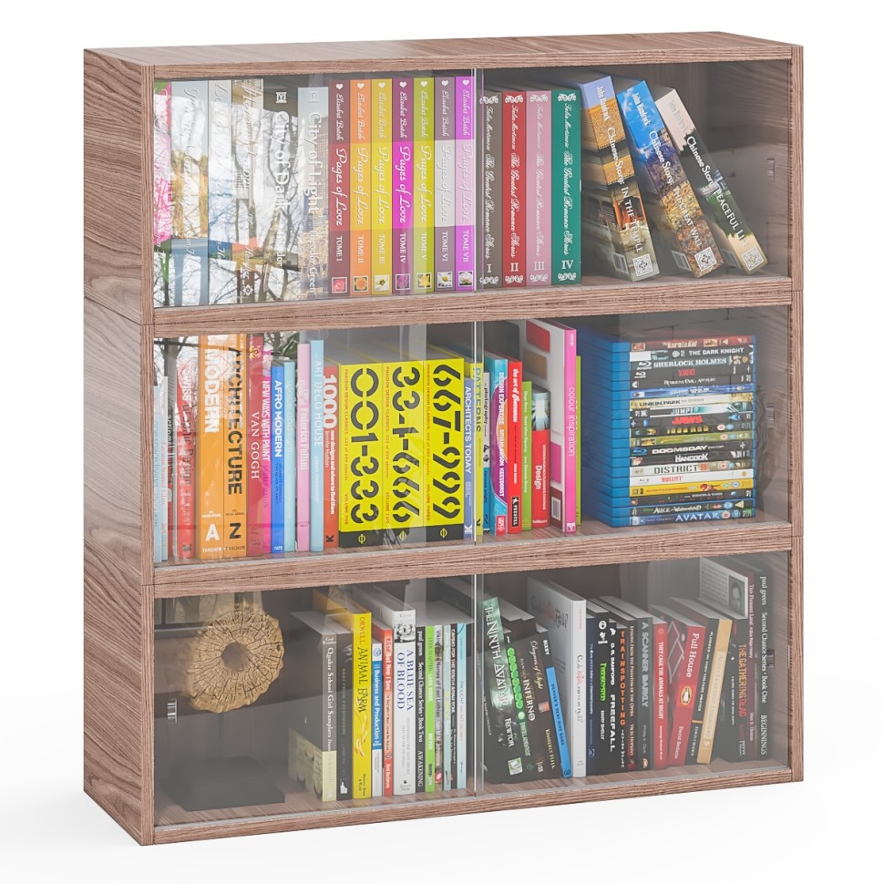 Три полки книжных С-МД-КН01, цвет ясень шимо тёмный, ШхГхВ размер каждой полки в отдельности: 83х25х30 см., стеклянные дверцы