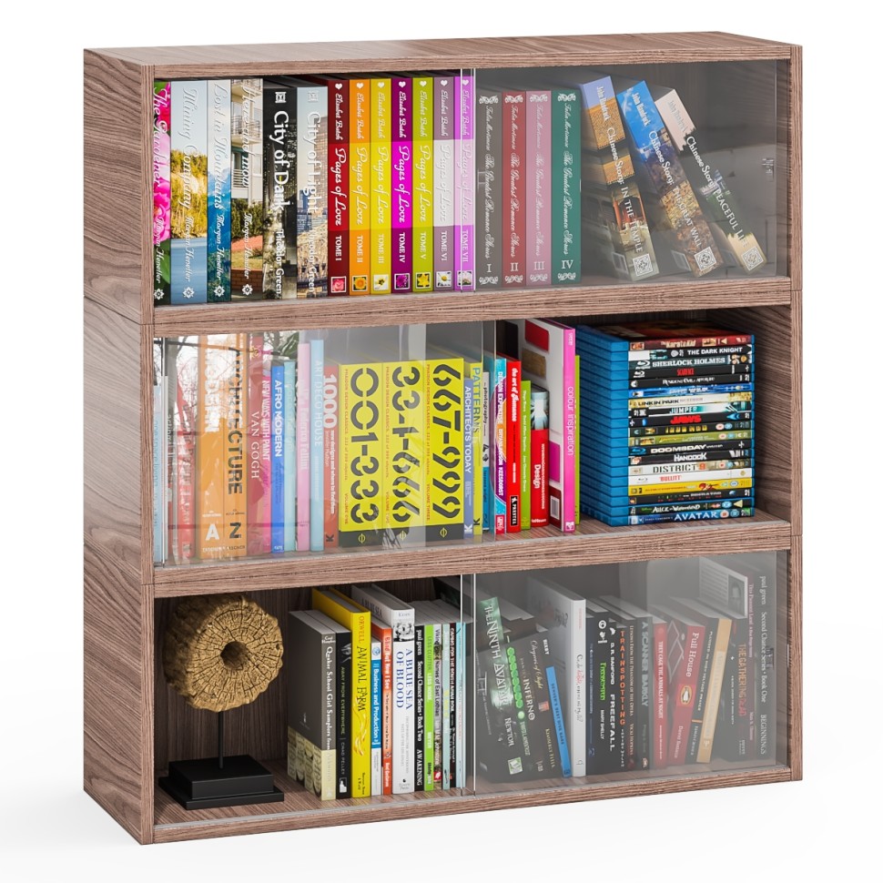 Три полки книжных С-МД-КН01, цвет ясень шимо тёмный, ШхГхВ размер каждой полки в отдельности: 83х25х30 см., стеклянные дверцы