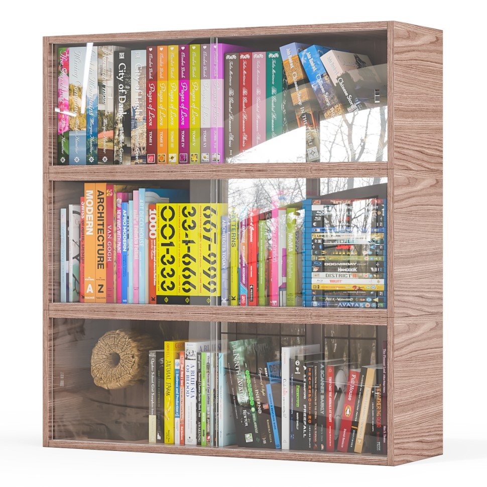 Три полки книжных С-МД-КН01, цвет ясень шимо тёмный, ШхГхВ размер каждой полки в отдельности: 83х25х30 см., стеклянные дверцы