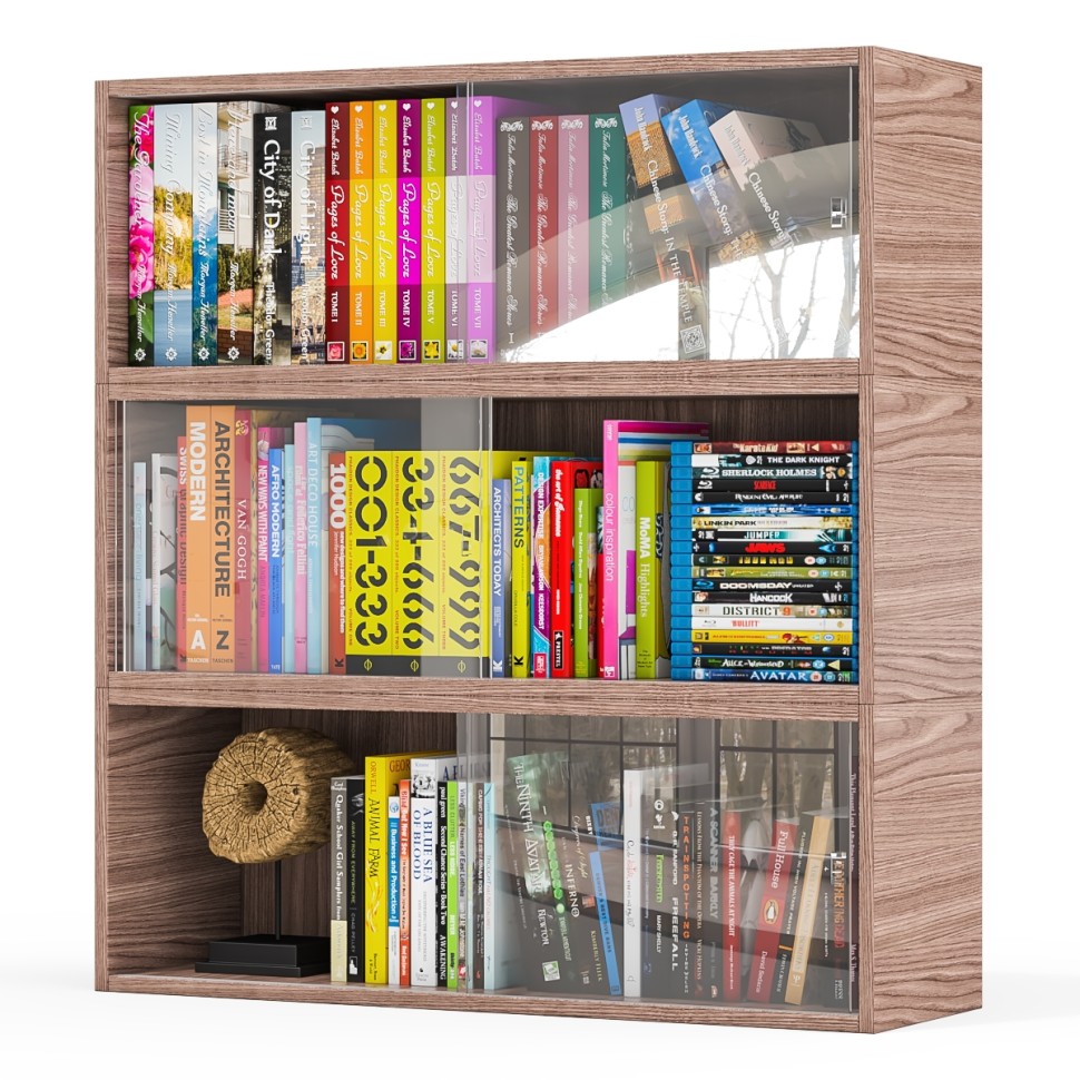 Три полки книжных С-МД-КН01, цвет ясень шимо тёмный, ШхГхВ размер каждой полки в отдельности: 83х25х30 см., стеклянные дверцы