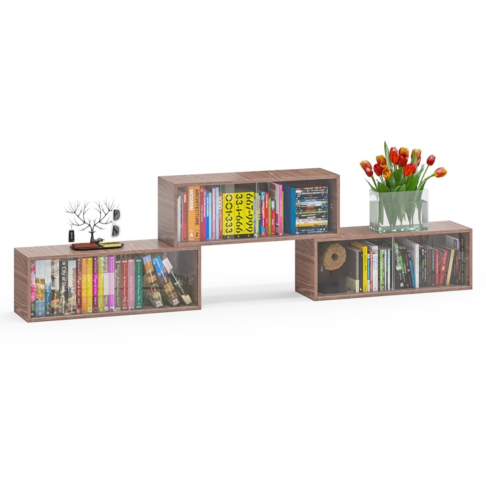 Три полки книжных С-МД-КН01, цвет ясень шимо тёмный, ШхГхВ размер каждой полки в отдельности: 83х25х30 см., стеклянные дверцы