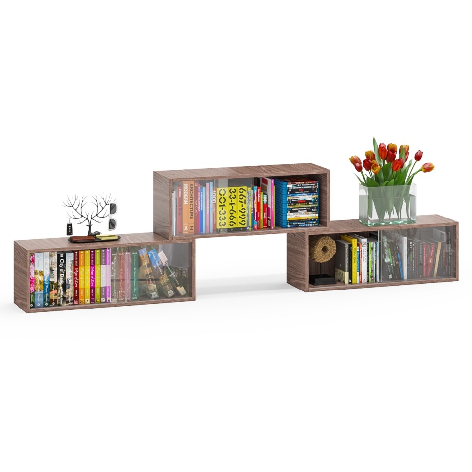 Три полки книжных С-МД-КН01, цвет ясень шимо тёмный, ШхГхВ размер каждой полки в отдельности: 83х25х30 см., стеклянные дверцы