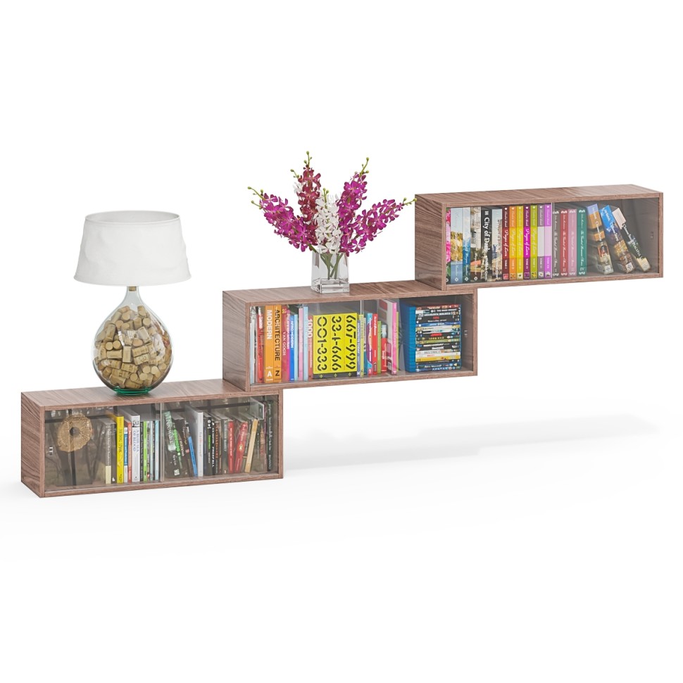 Три полки книжных С-МД-КН01, цвет ясень шимо тёмный, ШхГхВ размер каждой полки в отдельности: 83х25х30 см., стеклянные дверцы