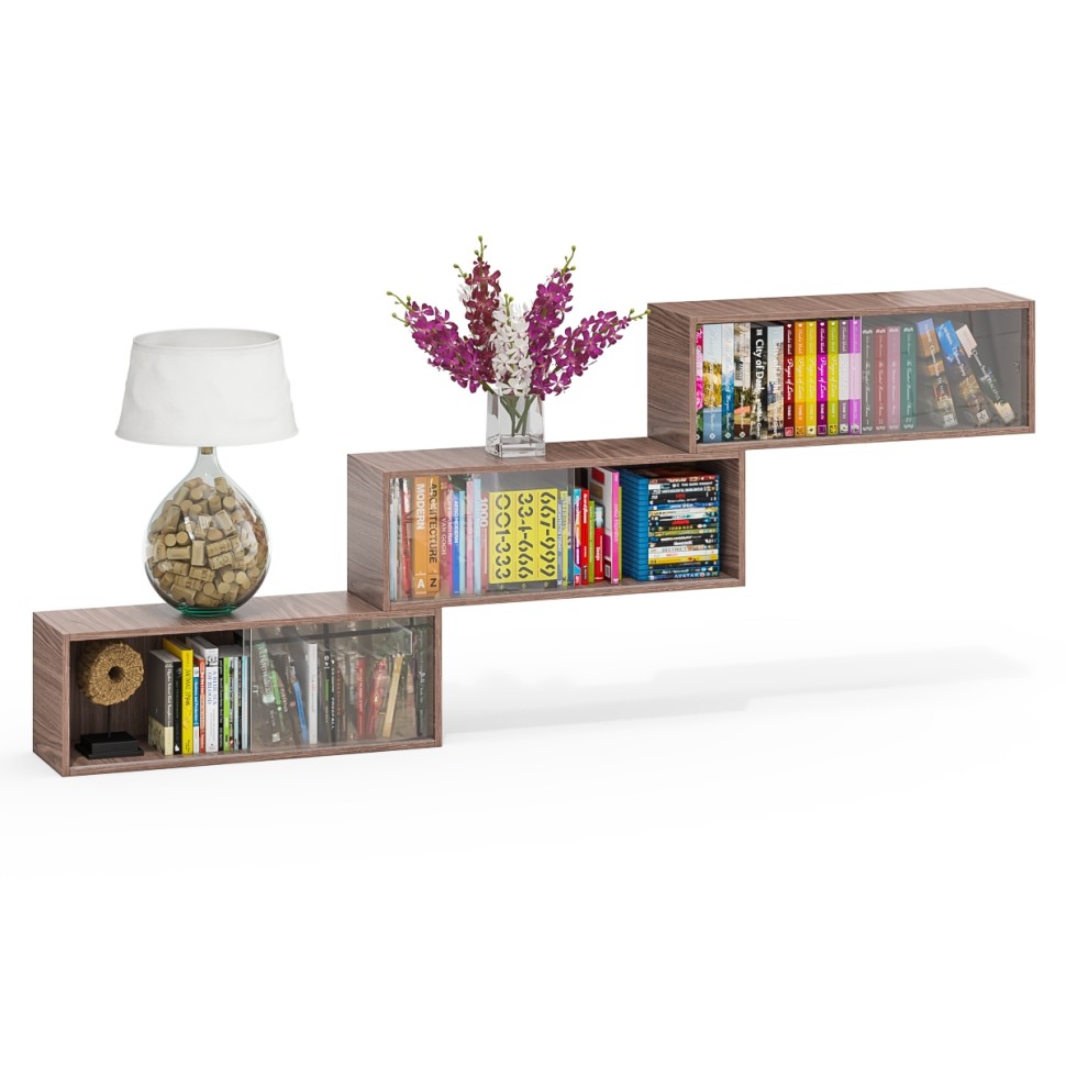 Три полки книжных С-МД-КН01, цвет ясень шимо тёмный, ШхГхВ размер каждой полки в отдельности: 83х25х30 см., стеклянные дверцы