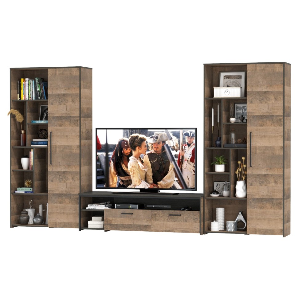 Трувор Гостиная 076, цвет дуб гранж песочный/интра, ШхГхВ 335,8х45,4х106,9 см., универсальная сборка