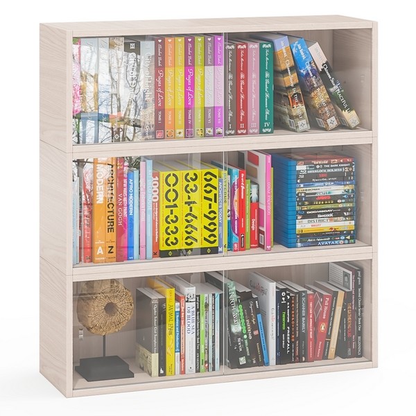 Три полки книжных С-МД-КН01, цвет ясень шимо светлый, размер каждой полки в отдельности: ШхГхВ 83х25х30 см., стеклянные дверцы