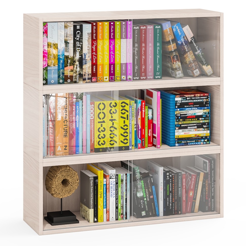 Три полки книжных С-МД-КН01, цвет ясень шимо светлый, размер каждой полки в отдельности: ШхГхВ 83х25х30 см., стеклянные дверцы