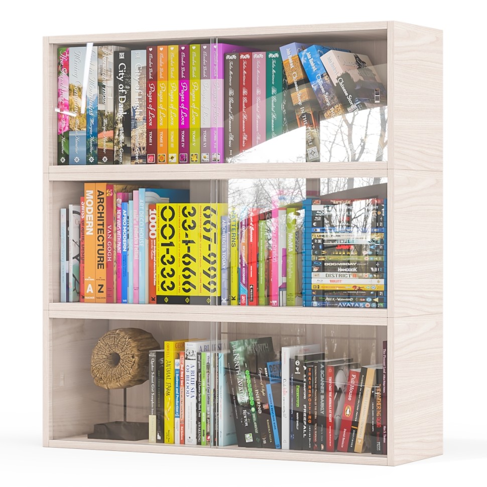 Три полки книжных С-МД-КН01, цвет ясень шимо светлый, размер каждой полки в отдельности: ШхГхВ 83х25х30 см., стеклянные дверцы