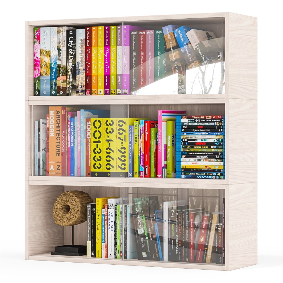 Три полки книжных С-МД-КН01, цвет ясень шимо светлый, размер каждой полки в отдельности: ШхГхВ 83х25х30 см., стеклянные дверцы