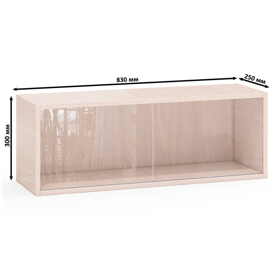 Три полки книжных С-МД-КН01, цвет ясень шимо светлый, размер каждой полки в отдельности: ШхГхВ 83х25х30 см., стеклянные дверцы