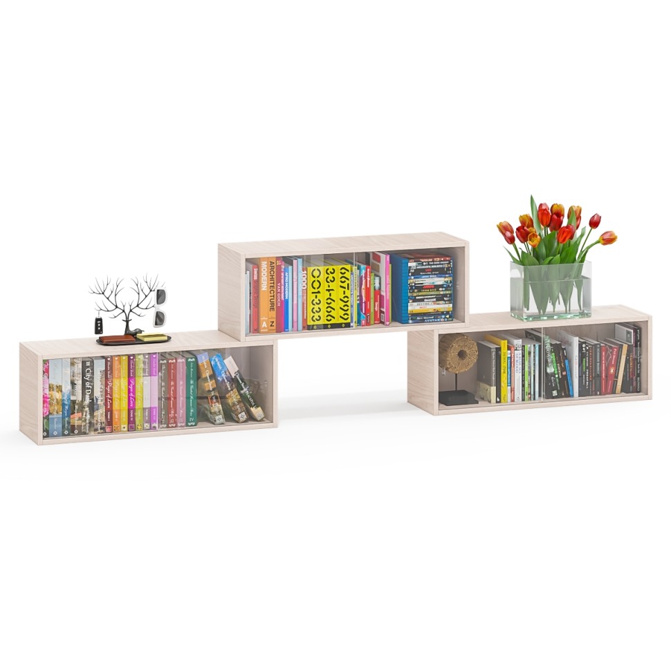 Три полки книжных С-МД-КН01, цвет ясень шимо светлый, размер каждой полки в отдельности: ШхГхВ 83х25х30 см., стеклянные дверцы