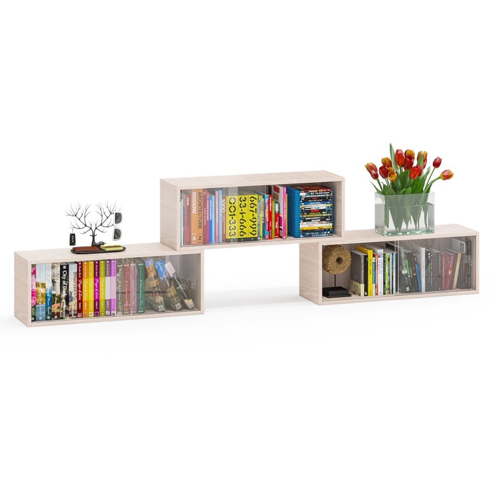Три полки книжных С-МД-КН01, цвет ясень шимо светлый, размер каждой полки в отдельности: ШхГхВ 83х25х30 см., стеклянные дверцы