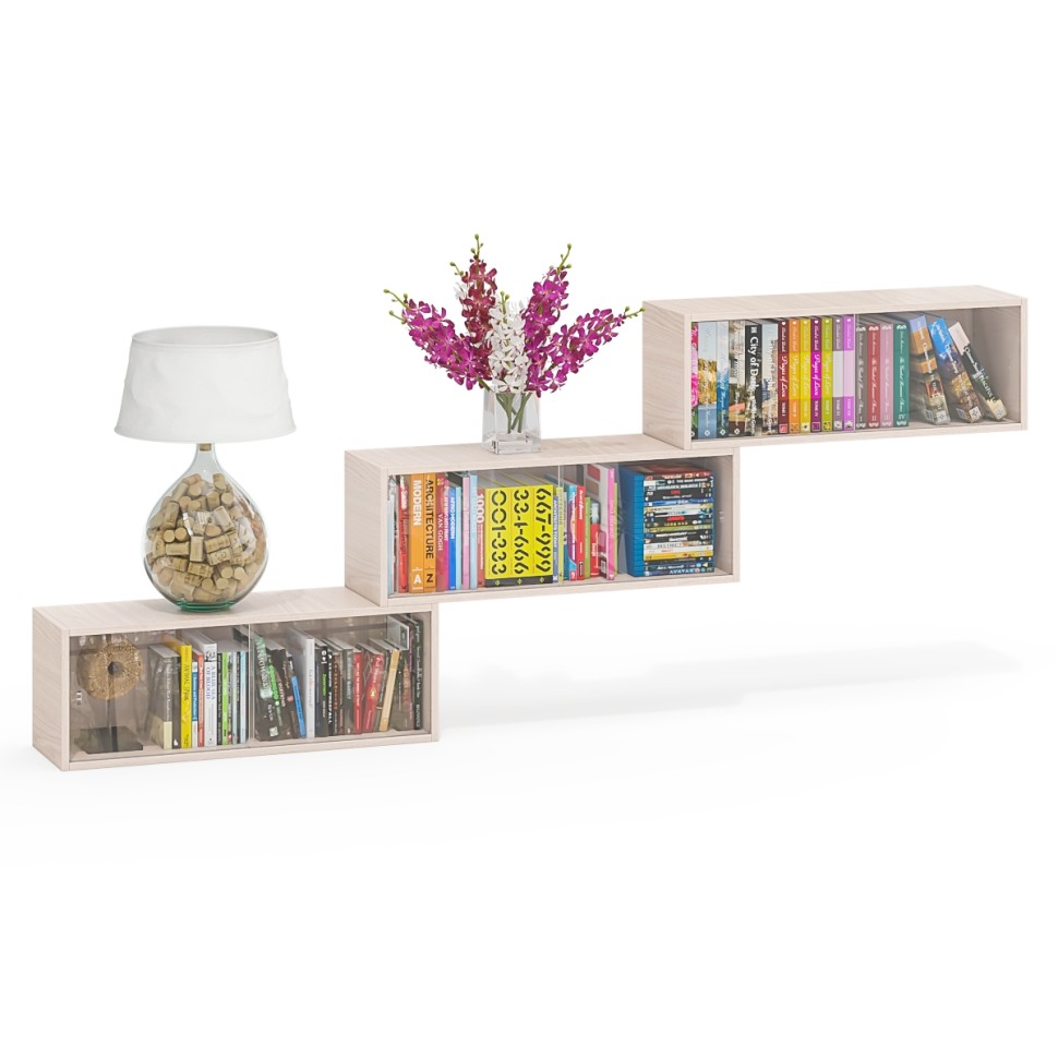 Три полки книжных С-МД-КН01, цвет ясень шимо светлый, размер каждой полки в отдельности: ШхГхВ 83х25х30 см., стеклянные дверцы