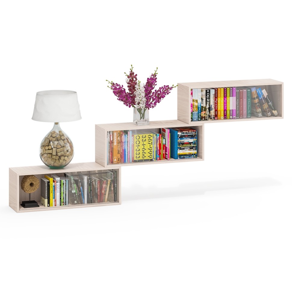 Три полки книжных С-МД-КН01, цвет ясень шимо светлый, размер каждой полки в отдельности: ШхГхВ 83х25х30 см., стеклянные дверцы