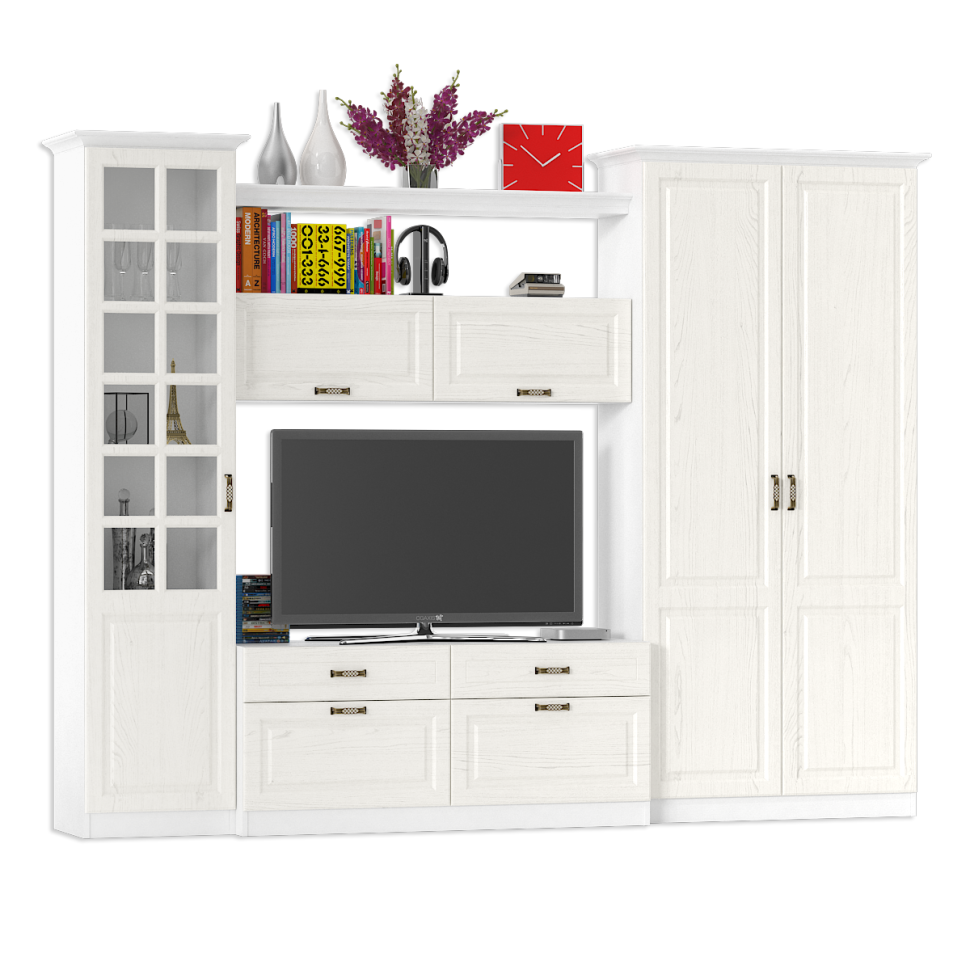 Ливерпуль Набор мебели 7, цвет ясень ваниль/белый, ШхГхВ 290х49,3х220,3 см.(без учёта карниза), ниша для тв 140х49х90 см., универсальная сборка