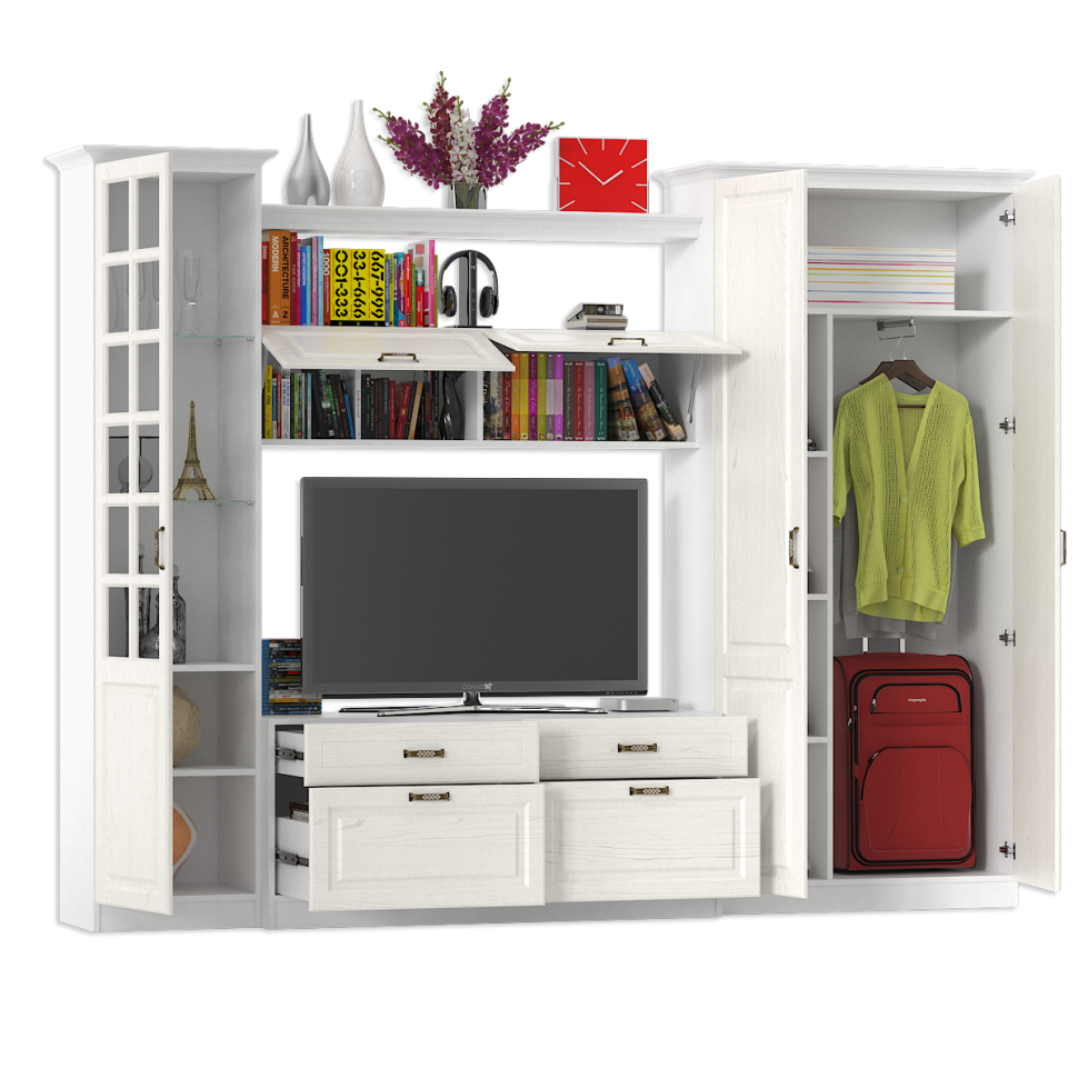 Ливерпуль Набор мебели 7, цвет ясень ваниль/белый, ШхГхВ 290х49,3х220,3 см.(без учёта карниза), ниша для тв 140х49х90 см., универсальная сборка