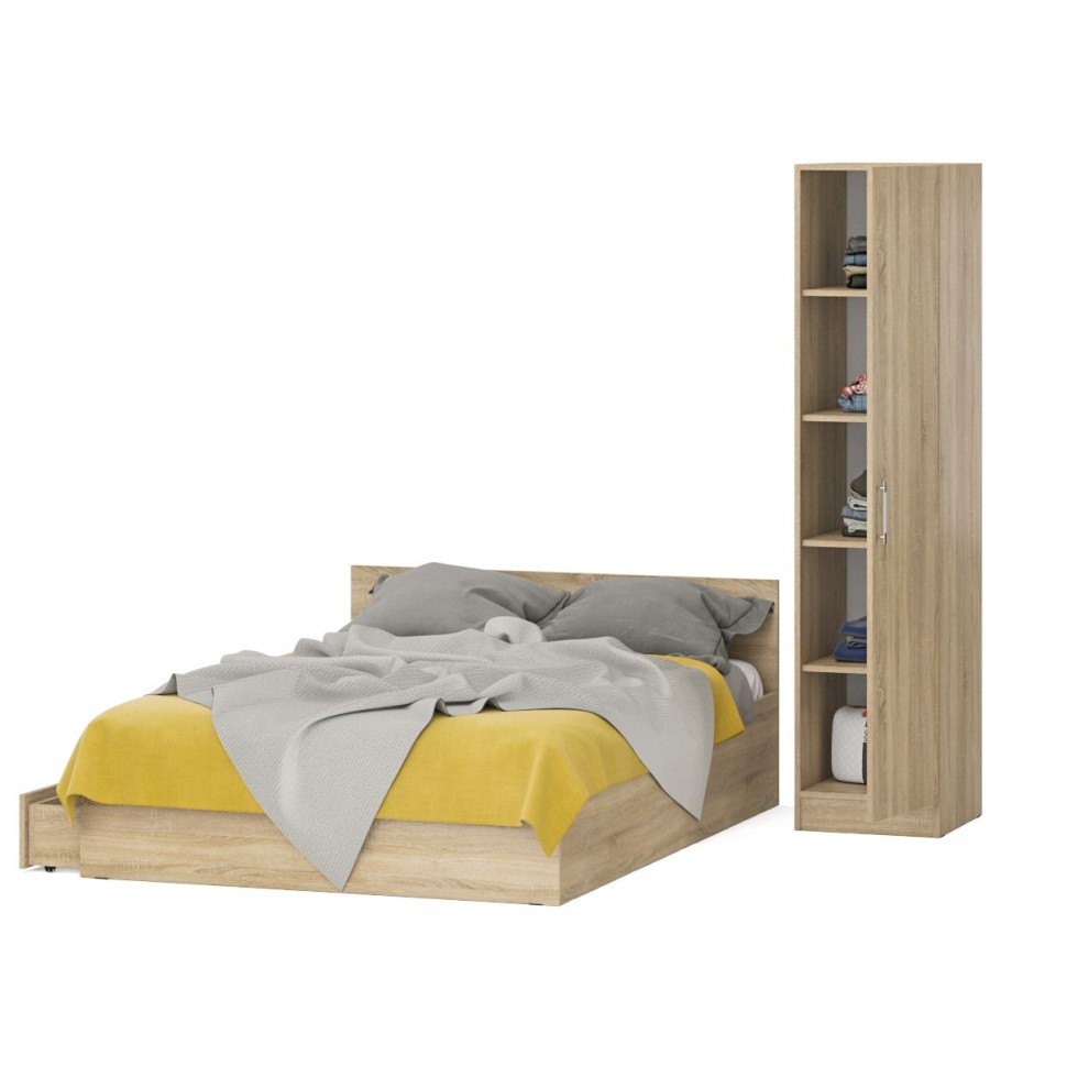 Кровать с ящиками 1400 + Пенал Стандарт, цвет дуб сонома, ШхГхВ 143,5х203,5х70 + 45х52х200 см., сп.м. 1400х2000 мм., без матраса, основание есть