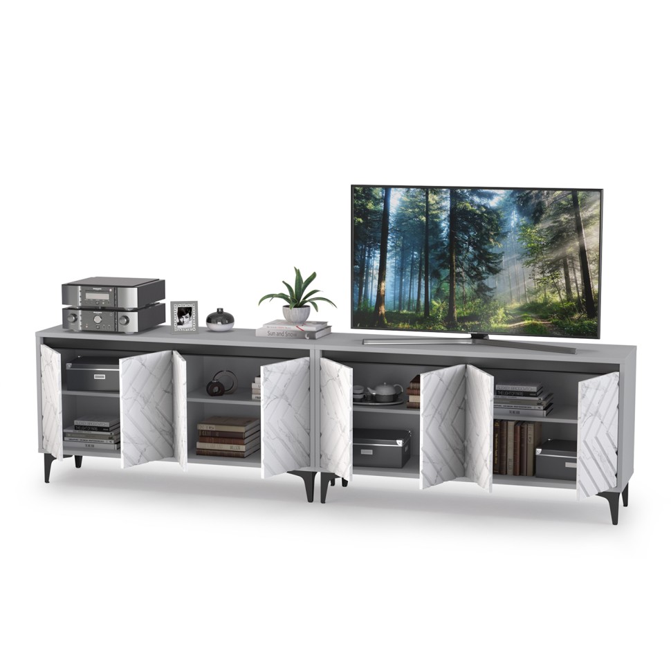 СНЯТО Тумба под ТВ Муар 13.261.02 + 13.261.02, цвет ЛДСП стальной серый/МДФ мрамор белый, ШхГхВ 273,6х40х71,8 см.