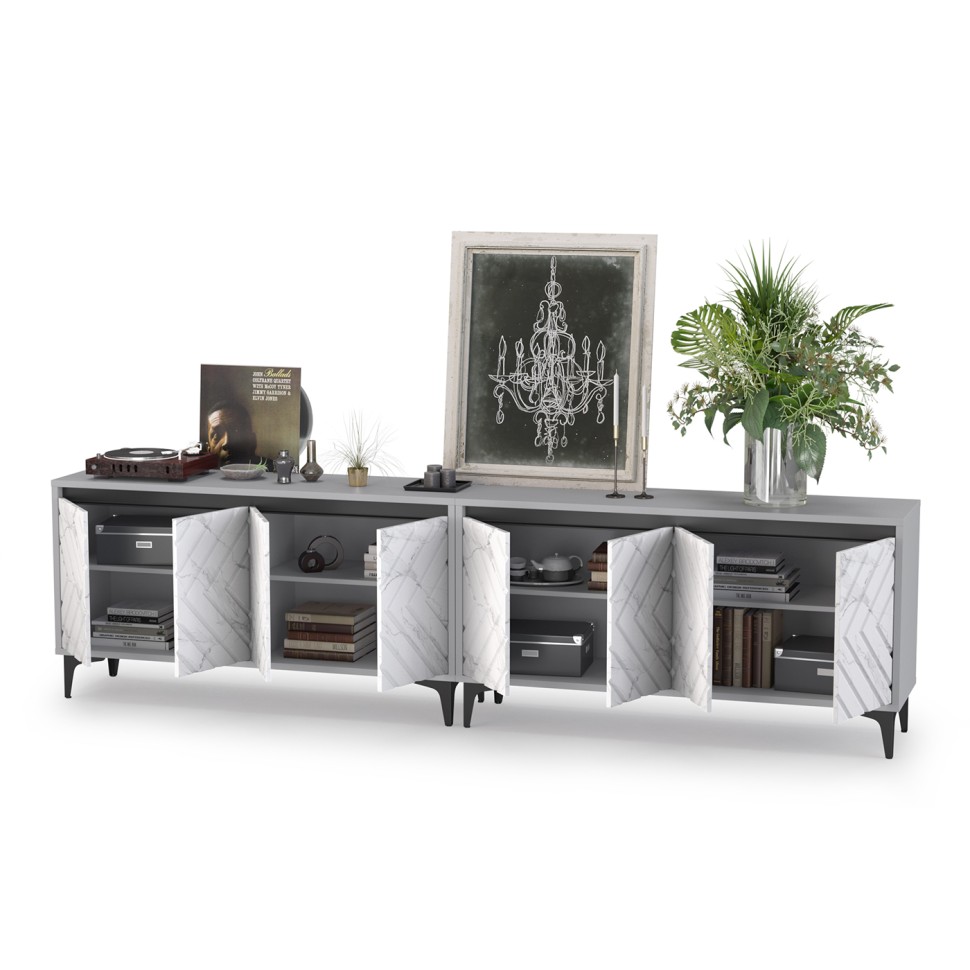 СНЯТО Тумба под ТВ Муар 13.261.02 + 13.261.02, цвет ЛДСП стальной серый/МДФ мрамор белый, ШхГхВ 273,6х40х71,8 см.