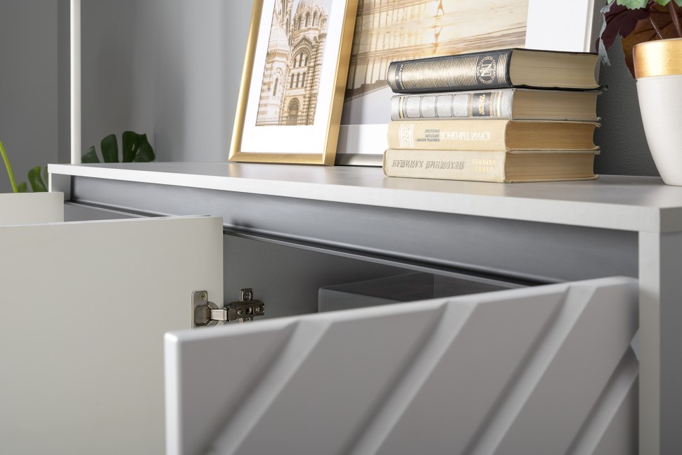 СНЯТО Тумба под ТВ Муар 13.261.02 + 13.261.02, цвет ЛДСП стальной серый/МДФ мрамор белый, ШхГхВ 273,6х40х71,8 см.