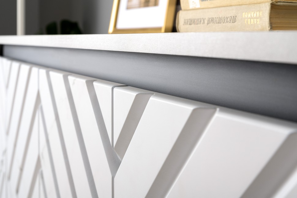 СНЯТО Тумба под ТВ Муар 13.261.02 + 13.261.02, цвет ЛДСП стальной серый/МДФ мрамор белый, ШхГхВ 273,6х40х71,8 см.